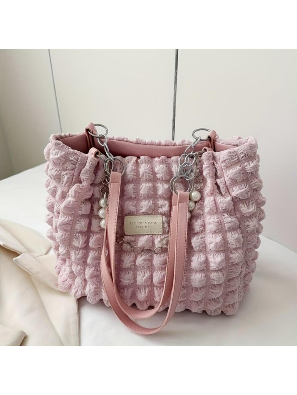 Pink Bubble Tote Bag with Pearl Chain Detail